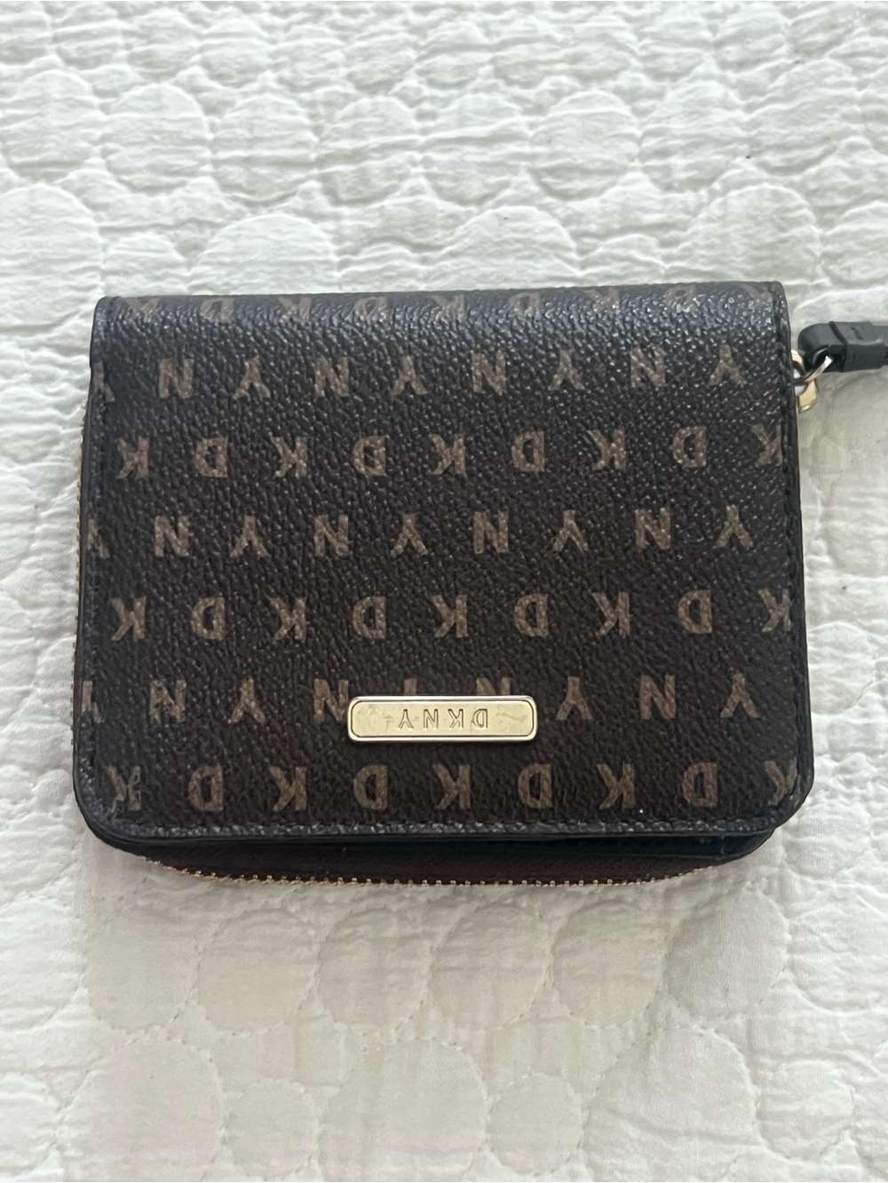 DKNY Dark Brown Monogram Compact Zip Wallet with Gold Logo Plaque
